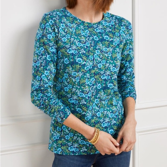 Talbots Tops - Talbots Blue and Green 3/4 Sleeve Crewneck Tee in Floral Fields Size 1X EUC